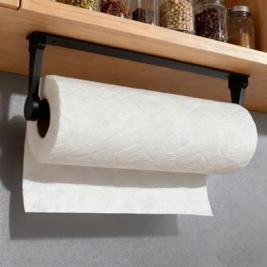 Imagem de Suporte de toalha de papel preto sob o armário, suporte adesivo de papel toalha de parede suporte de papel higiênico suporte para cozinha banheiro balcão de garagem, rolo de design de haste