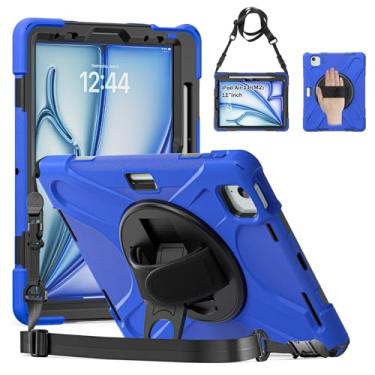 Imagem de Capa para iPad Air 11 polegadas M2 2024 (iPad Air 5ª/4ª geração 2022/2020 10,9 polegadas), capa protetora resistente à prova de quedas com suporte giratório 360, alça e alça de ombro, caneta Stylus