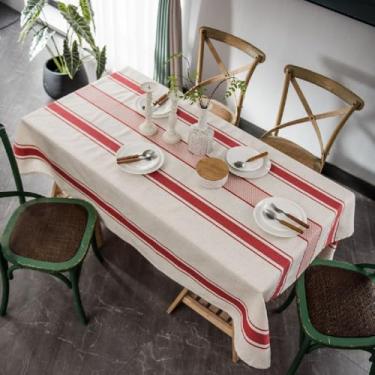 Imagem de ArtBud Toalha de mesa branca vermelha de algodão e linho, capa de mesa macia e lavável para festas, café, cozinha, decoração listrada (retangular/oblonga, 60 x 86" (6 a 8 assentos)