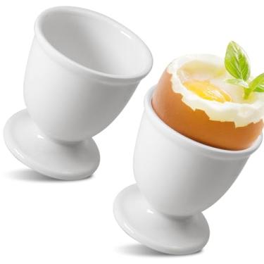 Imagem de Kyuionty Conjunto de 2 copos de cerâmica para ovos, suporte de porcelana branca para ovos cozidos, café da manhã, cozinha/presente, memórias de infância