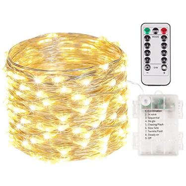 Imagem de Luzes de fadas de 100 LED de 100 m operadas por bateria com controle remoto e temporizador, cordão de luzes de Natal para decoração de quarto, à prova d'água, 8 modos, luzes cintilantes para quarto,