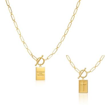 Imagem de Robaice Colar feminino com pingente de cruz banhado a ouro e prata, pingente de cruz retangular, corrente delicada de clipe de papel, joia religiosa, presente para fé cristã, batismo, primeira