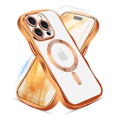 Imagem de Jusy Capa de telefone compatível com MagSafe com protetor de tela para iPhone 16 Pro Max, linda capa de telefone transparente ondulada ondulada de metal magnético brilhante macia à prova de choque