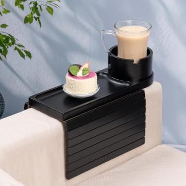 Imagem de Bandeja de suporte de copo de sofá, bandeja de braço de sofá de bambu com suporte giratório de 360°, bandeja dobrável 3 em 1 para descanso de braço de sofá para controle remoto/lanches/xícaras/bebidas