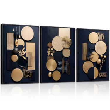 Imagem de Gardenia Art Conjunto de 3 pinturas geométricas abstratas de arte de parede em tela preta e dourada emolduradas arte decorativa moderna de meados do século para sala de estar, quarto, escritório, casa
