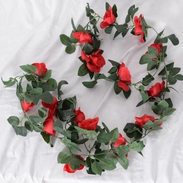 Imagem de Guirlanda de flores artificiais – flores de videira rosa com folhas verdes penduradas rosas vermelhas falsas videira para decoração de quarto parede pano de fundo festa na selva casamentos ao ar livre