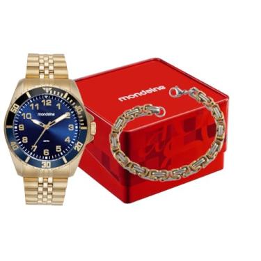 Imagem de Mondaine Kit Relógio Masculino Dourado Mostrador Azul 99836GPMVDE3K1