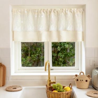 Imagem de HiSnug Cortinas de saia de camada dupla de 45,7 cm de comprimento, cortinas de janela com filtro de luz com bolso duplo para café, cozinha, banheiro, sala de estar, bege, 1 painel, 139,7 cm L x 45,7