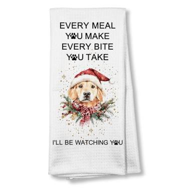 Imagem de ZNGFON Engraçado inverno Natal Golden Retriever toalhas de cozinha 40,6 x 61,4 cm, presentes de inverno para todas as refeições que você faz decoração de cachorro de inverno, toalha de prato para