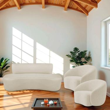 Imagem de Kit Recamier Curvo Amsterdã e 2 Poltronas Amore 3 Lugares 140cm Bege Bouclé para Sala Contemporânea