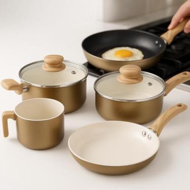 Imagem de Jogo de Panelas Antiaderente Alumínio Revestimento Cerâmico Tampa de Vidro Cabo de Baquelite 4 Peças (Gold)