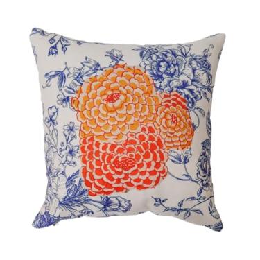 Imagem de Almofada Decorativa Flor de Tangerina 45×45 cm – Estampa Floral Azul e Laranja, Enchimento Incluso e Zíper Invisível