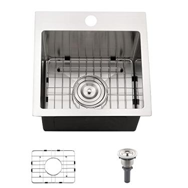 Imagem de Pia de barra suspensa de 38 cm - WMXQX 38 x 38 cm de aço inoxidável para pia pequena para trailers ao ar livre, calibre 16 de profundidade, furo único, tigela única, pia de cozinha