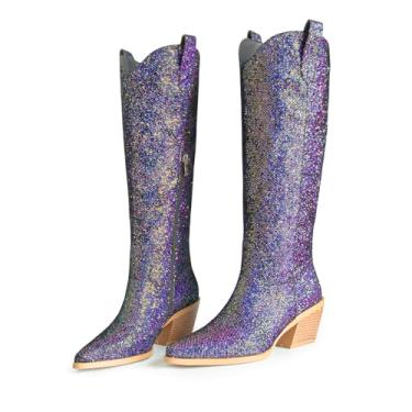 Imagem de Gothictor Botas femininas Sparkly Cowgirl, salto grosso, bico fino, cano alto, caubói ocidental, zíper lateral, festa de casamento, noite com glitter, sapatos sociais, Azul, 39