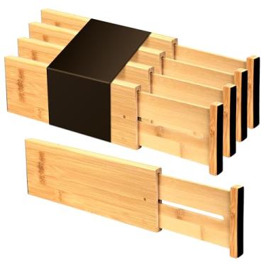 Imagem de Utoplike Divisórias de gaveta de bambu, organizadores de gaveta ajustáveis de 10 cm de altura para roupas, com mola, funciona na cozinha, banheiro, quarto, gaveta, mesa, 4 peças