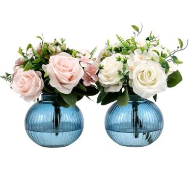 Imagem de YANWE1 Vasos de vidro redondos, conjunto de 2 vasos pequenos para flores, vaso de vidro azul para tulipas, vaso moderno para sala de estar, escritório, mesa de centro, prateleira, casamento, 12 cm