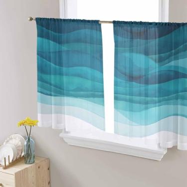 Imagem de Cortinas transparentes, azul-petróleo, turquesa, ondas, 113 cm de comprimento, conjunto de 2 painéis para sala de estar/quarto, ombré, litoral, oceano, água, abstrato, semi cortina, cortinas, cortinas