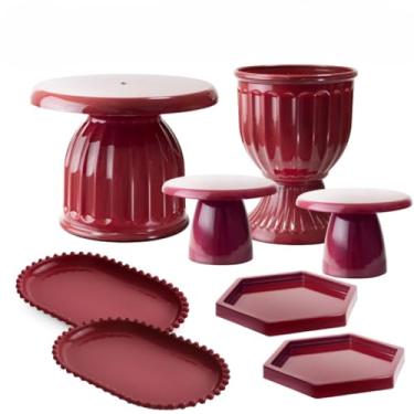 Imagem de Kit Boleira Festa E Bandeja, Kit Moderno Boleira Romana 17cm, 1 Vaso Romano, 2 Mini Slim, 2 Bandeja Perola Oval, 2 Mini Sextavadas(Vermelho Cereja)