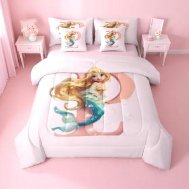Imagem de Erosebridal Conjunto de edredom P de monograma personalizado com lençol - Conjunto de cama solteiro com monograma para meninos e meninas, sereia fofa, 7 peças, conjunto de cama de princesa adorável