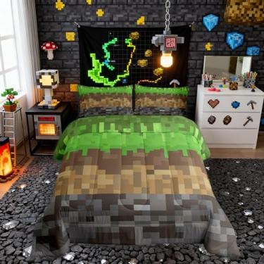 Imagem de Conjunto de edredom infantil Miners Pixel Checked, tamanho solteiro, videogame, quadriculado, decoração de quarto de meninos, conjunto de edredom com estampa de gamepad, edredom cinza verde e marrom