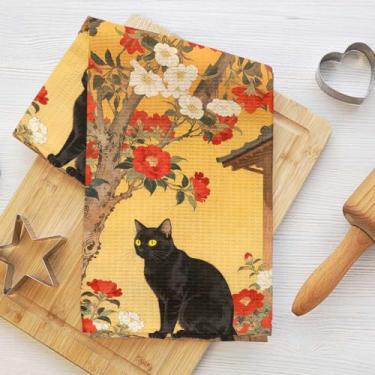 Imagem de Toalhas de cozinha japonesas de desenho animado de gato e cena da natureza, toalha de prato decorativa de microfibra absorvente estilo japonês, toalhas de chá de waffle para cozinha, casa, banheiro