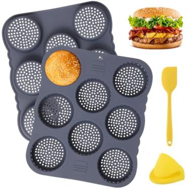 Imagem de LUMINFLY Moldes de silicone para pão de hambúrguer de 8 xícaras, 2 peças por conjunto, formas antiaderentes com espátula e luva à prova de calor, seguro para lava-louças e micro-ondas