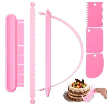 Imagem de LXUEJIE 2 réguas de arco de bolo de fondant, ferramenta de guia de arco de bolo ajustável premium rosa com 3 peças raspadores de bolo, medida de cozimento, decoração em escala graduada para cozinha