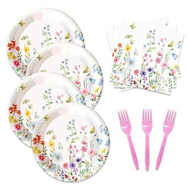 Imagem de 48 peças de artigos de festa de flores silvestres decorações florais de aniversário pratos e guardanapos de flores silvestres para chá de bebê, primavera, verão, piquenique, chá, festa, adequado para
