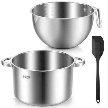 Imagem de Conjunto de panela de banho-maria dupla com espátula de silicone, conjunto de caldeira dupla de aço inoxidável, tigela de derretimento de 3500 ml/3,1 QT com escala e alça, panela de alça dupla de 5000