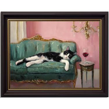 Imagem de Gato de smoking emoldurado em ouro preto com tela de vinho tinto arte de parede peculiar peculiar animal coquetel bar carrinho pintura imagem decoração de parede impressão de pôster para bar cozinha