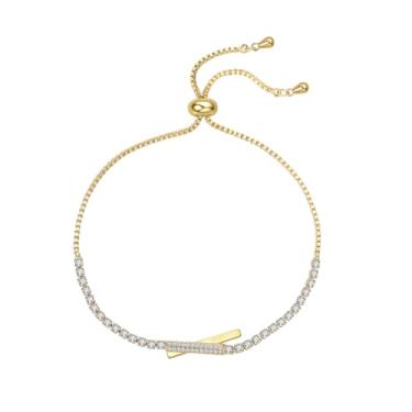Imagem de Ymeiselle Pulseira feminina banhada a ouro 18K S925 prata com pedras brilhantes de zircônia, tamanho ajustável, presente elegante para casamento, festa, mãe, namorada, aniversário, Natal, Medium