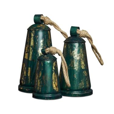 Imagem de Conjunto de 3 sinos de metal rústicos de fazenda, sinos envelhecidos azul-petróleo com corda de juta para decoração de pendurar (verde rústico), Natal, Ano Novo, Ação de Graças