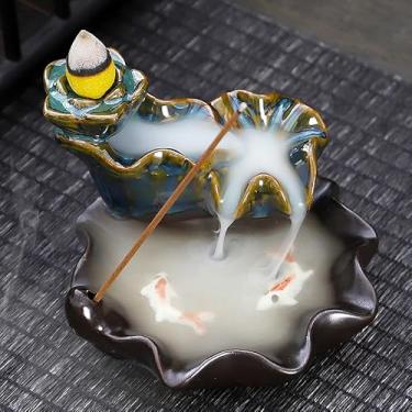 Imagem de Queimador de incenso de refluxo de cerâmica, decoração criativa para casa, queimador de incenso de refluxo em forma de peixe artesanal, aproveite o aroma de sândalo (B-6 azul lótus)