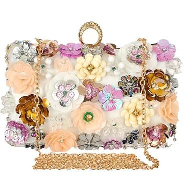 Imagem de Bolsas femininas florais para noite coloridas com strass e flores, bolsa de mão floral para casamento, bolsa de ombro de corrente longa, Branco, Medium
