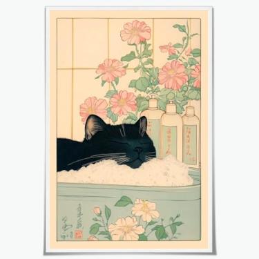 Imagem de Arte de parede de banheiro japonês gato preto na banheira pôster japonês gato relaxante fotos de banheiro decoração de parede impressões abstratas em tela neutra pintura zen minimalista para spa
