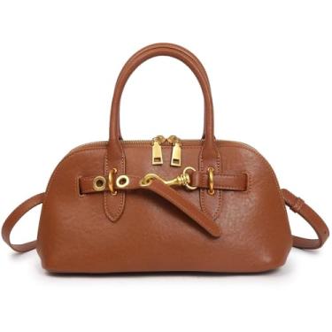 Imagem de Mewpurrs Bolsa tiracolo de couro genuíno para mulheres | Bolsa de ombro com alça superior estruturada com alça ajustável, Marrom, Small