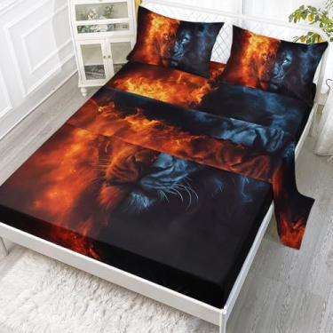 Imagem de Smell Sunshine Jogo de lençol solteiro com estampa de leão de gelo e fogo, 4 peças, para adolescentes, meninos, meninas, com 1 lençol de cima e 1 lençol com elástico + 2 fronhas (solteiro com leão)