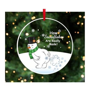 Imagem de Enfeites de Natal engraçados de boneco de neve – decoração de árvore de acrílico redonda com fita vermelha e caixa de presente, decoração de férias exclusiva e fofa, presente de mordaça para família