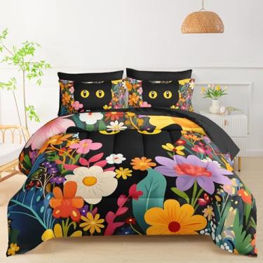Imagem de QOOMO Jogo de cama com estampa de gato floral, 7 peças, tamanho solteiro, para crianças e adolescentes, inclui 1 edredom, 1 lençol com elástico, 1 lençol de cima, 2 fronhas estampadas e 2 fronhas