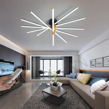Imagem de Luminária de teto LED linear dimerizável Ø106cm, luminária grande para sala de estar com design floral criativo, moderna, minimalista, nas cores preto e dourado, ideal para quarto, escritóri