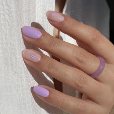 Imagem de Unhas postiças curtas médias quadradas roxas com flor simples Desien cobertura completa cola acrílica falsa em unha para mulheres, 24 peças