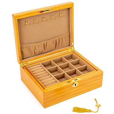Imagem de AJMIPO Caixa de armazenamento organizador de joias grande armazenamento de joias de camada dupla com cadeado organizador clássico colar de armazenamento de brincos caixas de joias de viagem para