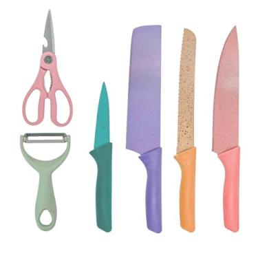 Imagem de Conjunto de Facas de Cozinha Coloridas, 6 Peças, Aço Inoxidável com Revestimento, Design Nórdico, Inclui Faca de Chef, Faca de Pão, Cutelo, Faca de Aparar, Tesoura e Descascador