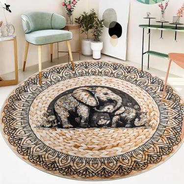 Imagem de Lacomfy Tapete redondo Boho – Tapete circular de elefante para quarto de crianças, meninos, meninas, tapete de vime falso para casa de fazenda, sala de estar, sala de jantar, estilo country, floral