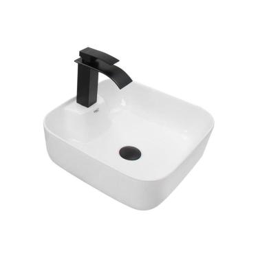 Imagem de Kit Cuba Pia Louça Cerâmica Banheiro C/Torn e Vál Preta 45