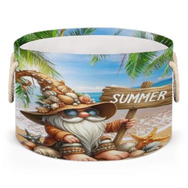 Imagem de Cesto grande redondo de armazenamento de gnomos de verão, organizador de brinquedos para crianças, dobrável, com alça, cesto de roupa suja para sala de estar, lavanderia, berçário, quarto, caixa de