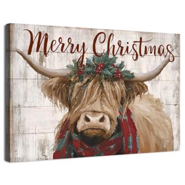 Imagem de Imagens de vaca de Natal decoração de parede placa de feliz Natal arte de parede vintage Longhorn Highland pôster pintura rústica casa de fazenda impressões de animais arte para sala de estar banheiro