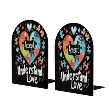 Imagem de Autism Beautiful Love Heart Large Wooden Bookend Decorative Bookend Antiderrapante Heavy Duty Book Ends for Office Desk Home Office Library School Study Decoration Book Divisores para prateleiras, 1