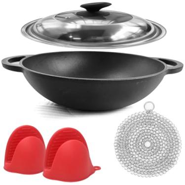 Imagem de MXWLEIEL Frigideira de ferro fundido temperado – Frigideira Wok de fundo redondo com alças auxiliares, tampa de vidro temperado, esfregador de ferro fundido, luvas de forno de silicone para fogão