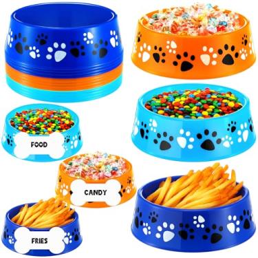 Imagem de CroBlissful Conjunto de 12 tigelas de plástico de pata de cachorro azul suprimentos de festa de aniversário de cachorro bandejas coloridas com cartões de ossos, pratos de comida, peças centrais de